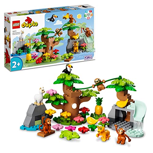 LEGO 10973 Duplo Animaux Sauvages d’Amérique du Sud: Jouet d'Exploration Naturelle pour Enfants Dès 2 Ans, avec Figurines de Crocodile, Singes, Paresseux, Jaguar, Tapis de Jeu Éducatif