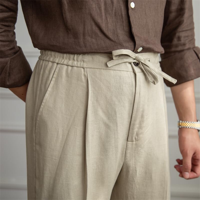 Mens Linen Pants Casual Elastic Waist Drawstring Lightweight Summer Beach Vintage Dress Long Pants Trousers4