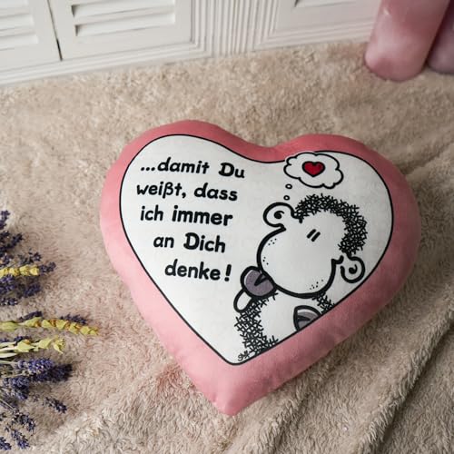 Sheepworld Plüschkissen Motiv Denke | Plüschkissen in Herzform, 30 cm x 25 cm, Mehrfarbig, 100% Polyester | Geschenk, Liebe, Valentinstag | 48183