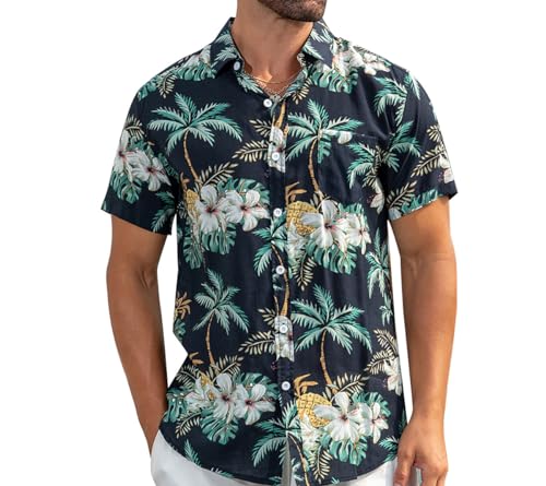 Loveternal Funky Hawaiihemd Herren Kurzarm Fronttasche Blume Hawaii-Print Strand Beach Palmen Diverse Farben L