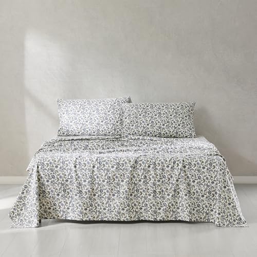 Lush Decor Lillian Block Print Cotton Sheet Set 4 Piece Set Full Blue - Floral Sheets - Botanical Print - Blue Bed Sheets - Vintage Cottage Decor
