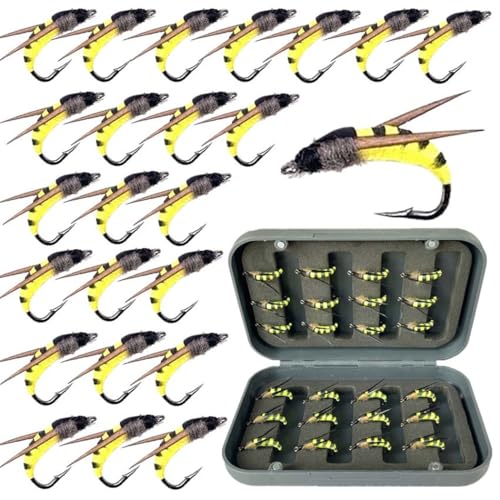 Qievcrme 24Pcs Fly Fishing Flies Trout Lures Fishing Tackle Fly Fishing Flies with Boxed Trout Bass Artificial Fish Bait (24Pcs-Yellow Moth)