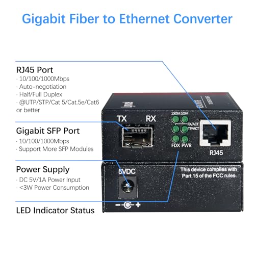 Image of Gigabit Ethernet Media Converter, Multimode Dual LC Fiber SFP to RJ45 Converter, for 10 /100 /1000Base-TX to 1000Base-SX with a SFP Transceiver, MMF 850nm, up to 550m