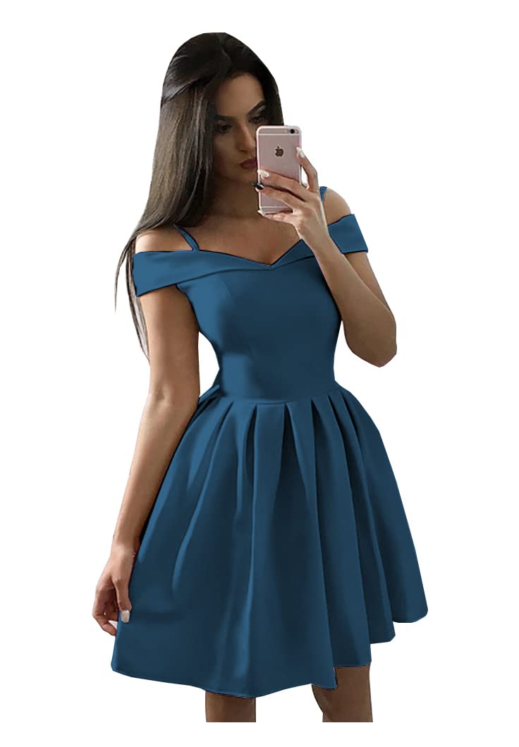 OFEECHUN Women's Off The Shoulder Satin Homecoming Dresses Short A Line Cocktail Prom Party Gowns with Pockets