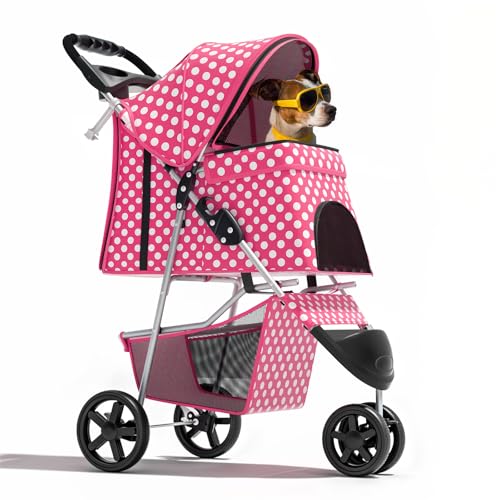 Image of Magshion 3-Wheel Pet Stroller, Foldable Travel Jogger for Small & Medium Dogs & Cats (Up to 33lbs), Lightweight Carrier with Breathable Mesh Cover, Cup Holder & Storage Basket, Hot Pink Polka Dots