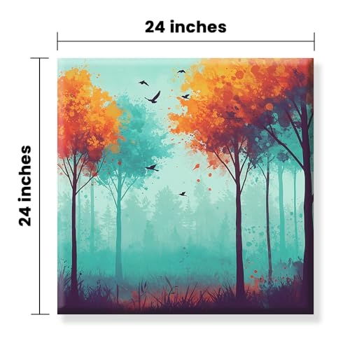 Image of EXSHA Vibrant Autumn Forest Square Canvas Painting|Abstract Colorful Trees Birds for Living Room, Bedroom, Office Decor|Modern Nature Decorative Art Print|Wall Painting for Home Decoration|24x24 Inch