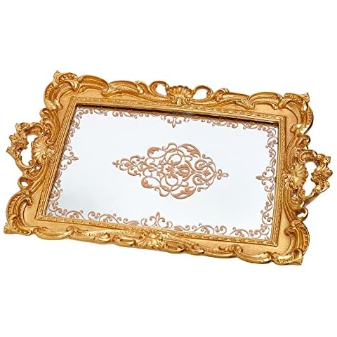 DECO DESIGN Antique-Look Decorative Mirrored Jewellery Tray ~ Elegant Designed Vintage Display and Serving Tray with Gold Rim Cover