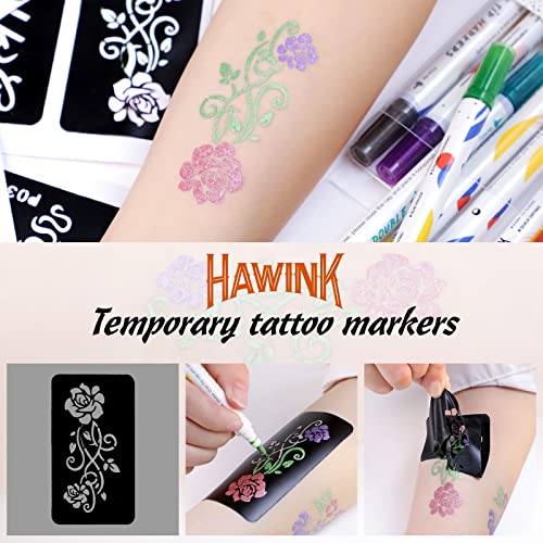 Image of HAWINK Temporary Tattoo Markers for Skin, 10 Body Markers + 56 Large Tattoo Stencils, Dual-End Tattoo Pens Make Bold and Fine Lines ZYH2208001KIT (Pack of 3)