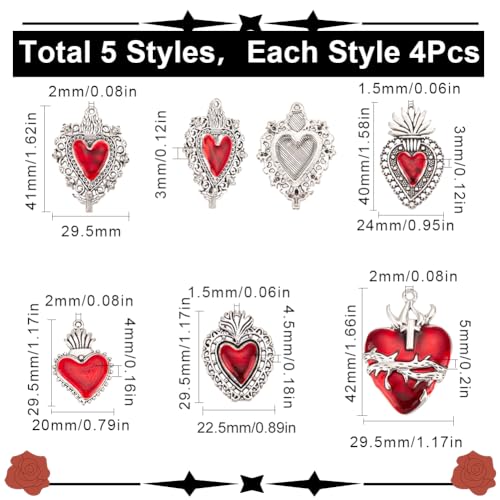 SUNNYCLUE 1 Box 20Pcs Valentines Day Heart Charms Gothic Style Sacred Heart Charms Bulk Antique Silver Red Thistles Thorns Fancy Enamel for jewellery Making Valentine's Day DIY Crafts Supplies - Image 2