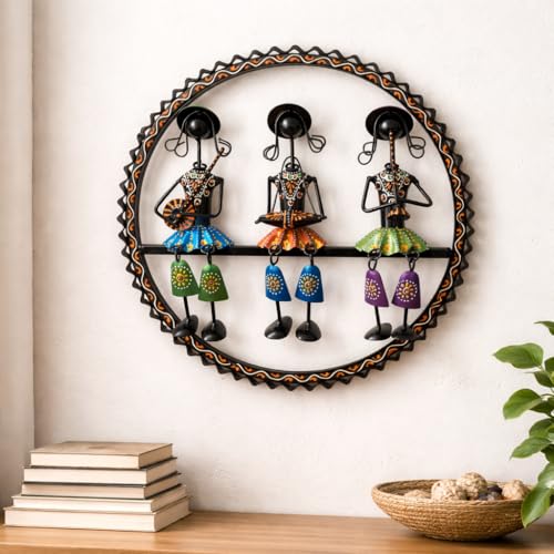 Image of Handcrafted Metal Musician Dolls Wall Hangings | Traditional Tribal Musician Sculpture | Decorative Wall Art for Living Room, Office, Music Room | Home Decor (Round Doll Design)