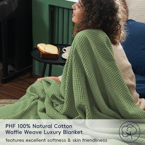 Image of PHF 100% Cotton Waffle Throw Blanket Lightweight Breathable, Loden Green