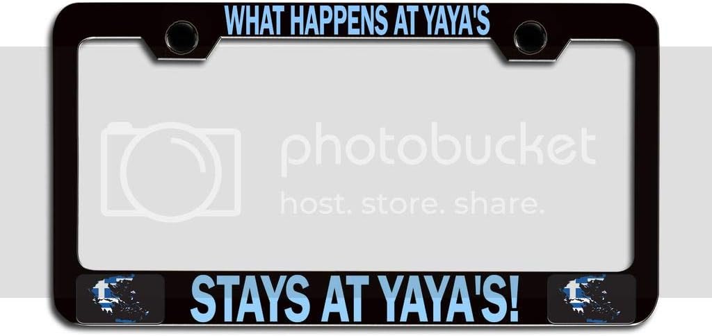 Makoroni - What Happens at Yaya's Stays at Yaya's! Black Metal License Plate Frame Tag Holder, #c42