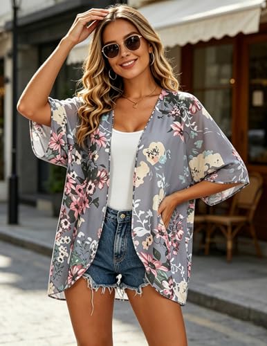Image of FINOCEANS Womens Floral Chiffon Kimono Cardigans Loose Beach Cover Up Half Sleeve Tops