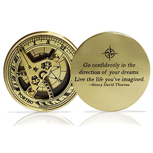 Thoreau's Go Confidently Sundial Compass with Wooden box, Graduation gifts, Baptism, Confirmation, Adventure, Inspirational Gifts
