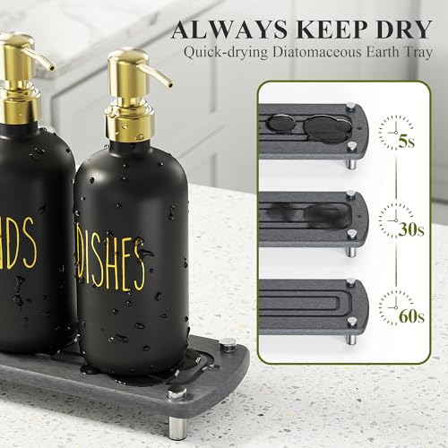 Image of Cisily Kitchen Soap Dispenser Set Comes with Ceramics Sponge Holder, Gold Pumps, and Instant Dry Tray, Hand and Dish Soap Dispenser Set (4, Gold + Black + Sponge Holder)