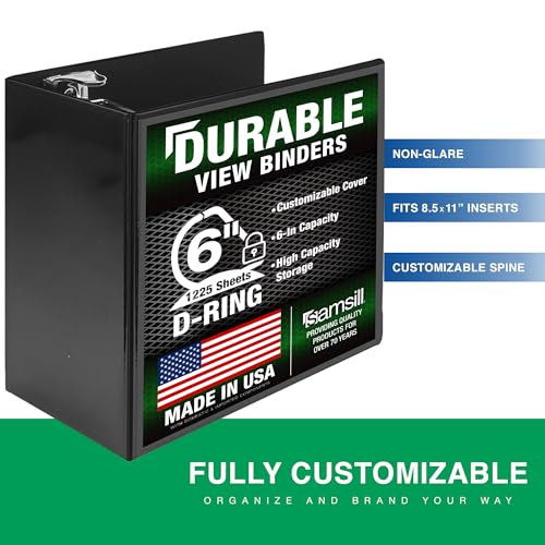Image of Samsill Durable 6 Inch 3 Ring Binder, Locking D Ring Binder, Customizable Clear View Cover, Charcoal Black, Holds 1225 Pages