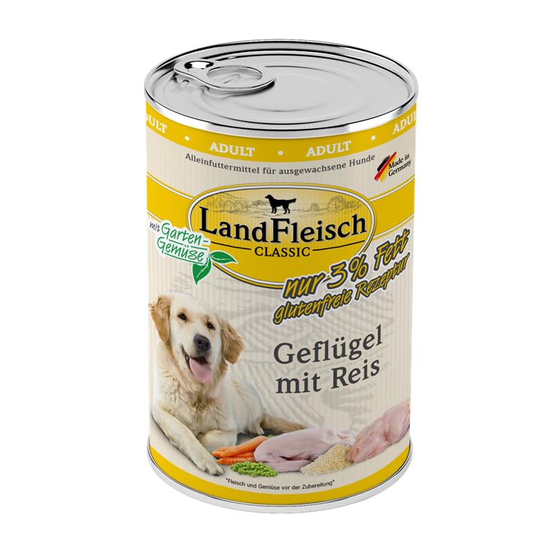 Landfleisch Classic Hundefutter 6 x 400g | Geflügel mit Reis | Mit hochwertigem Fleisch, Rapsöl (Omega-3 & 6), ohne Gluten, Zucker, GVO & Soja | Nassfutter für Hunde