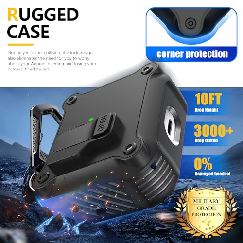 Image of RFUNGUANGO for Airpods 3rd Generation Case with Secure Lock Clip, Full Body Shockproof Hard Shell Protective,for AirPods 3 Case Compatible with Apple AirPod 3rd Gen 2021 [Front LED Visible] - Black
