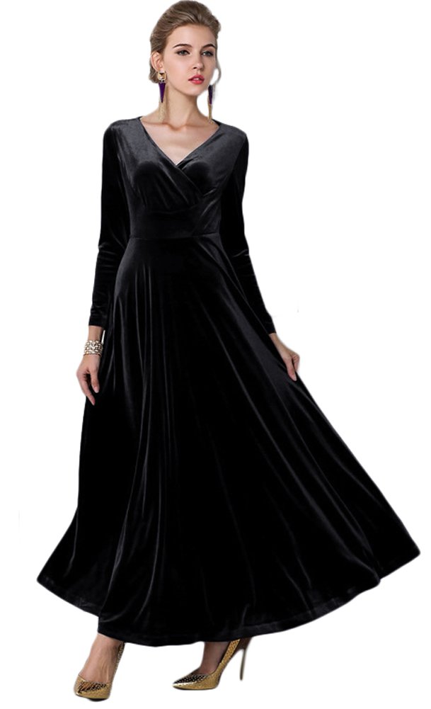 Urban GoCo Mujeres Vestidos Terciopelo Largo Elegante V-Cuello Manga Larga Maxi Vestidos para Cóctel Fiesta
