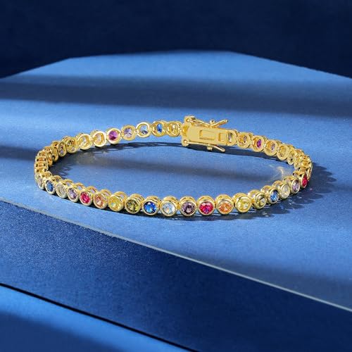 Gemsme 3.0mm Colorful Tennis Link Bracelet, 18K White/Yellow Gold Plated Bezel-Set 3MM Cubic Zirconia Rainbow Tennis Bracelet for Women 6-8.5 Inches2