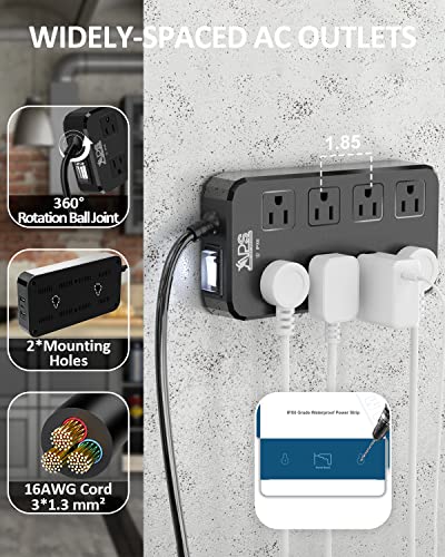 Image of QIYUAN IPX6 Waterproof Outdoor Power Strip, Overload Protector with 8 Outlets & 3 USB Ports (2A1C), 10FT Flat Plug Extension Cord for Garden Patio - Fireproof ABS, Black