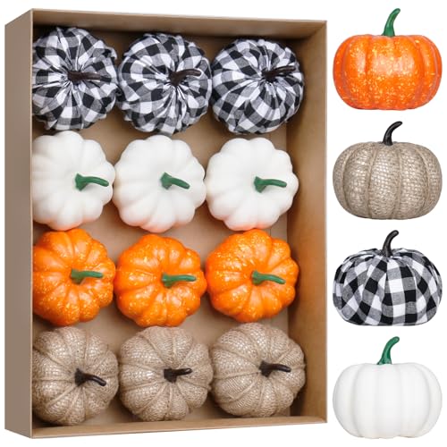 Image of Super Holiday 12PCS Artificial Pumpkins, 4 Colors Foam Faux Pumpkins Decoration for Fall Harvest Theme Party Wedding Halloween Thanksgiving Table Decor.
