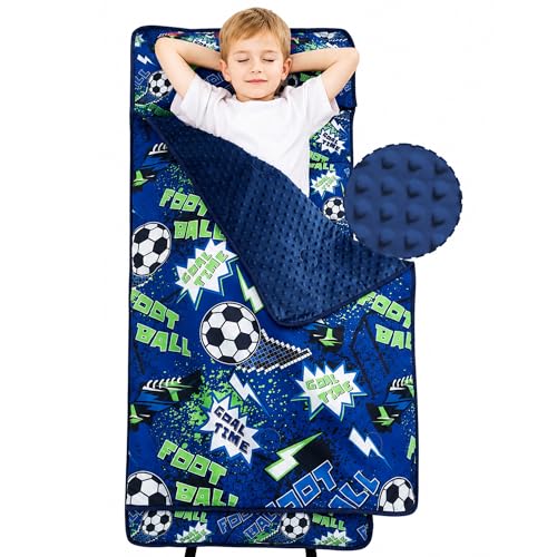 Image of Viviland Toddler Nap Mat with Pillow and Minky Blanket,Rolled Large Sleeping Mat for Boys,Kids Slumber Bag Nap Mat for Preschool, Daycare, Kindergarten, Travel Camping - Soccer Spirit