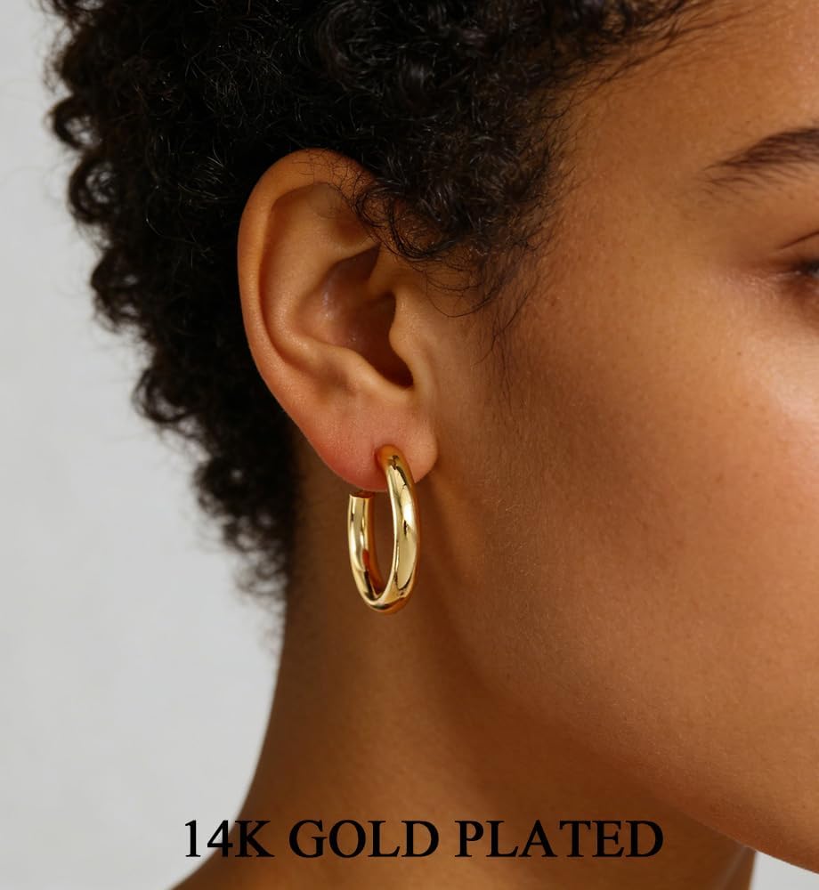 6 Pairs Simple Gold Hoop Earrings Set for Women Trendy, 14K Gold Plated Chunky Hollow Tube Hoops Earrings, Hypoallergenic Lightweight Large Hoops Jewelry 25/30/35mm