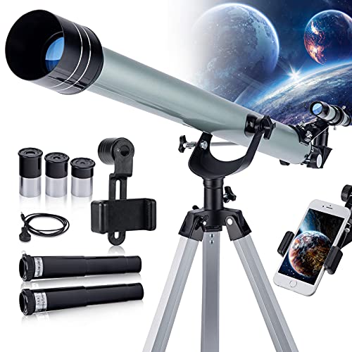 ❤ Crazy Deals Telescope for Kids, Beginners, Adults, 900mm/60mm Starter Scope Astronomical Refractor Telescope Good Partner to View Landscape and Planet, with Tripod, Wire Shutter, Phone Adapter Silver
