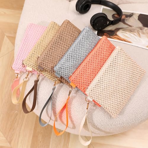 Casual Bohemian Straw Wristlet Clutch Bag for Women Solid Color Beach Vacation Zippered Purse Small Handbag Wallet3