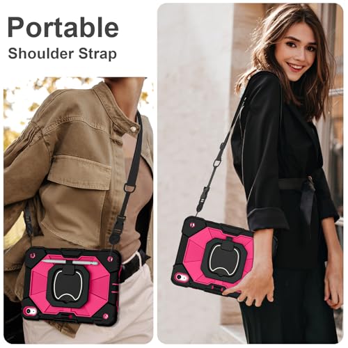 Image of Scnioy Case for iPad (A16) 11th Generation 11 Inch (2025) / iPad 10th Generation Case 10.9 Inch (2022) with 360 Rotating Stand Screen Protector Pen Holder Shoulder Strap, Black Pink
