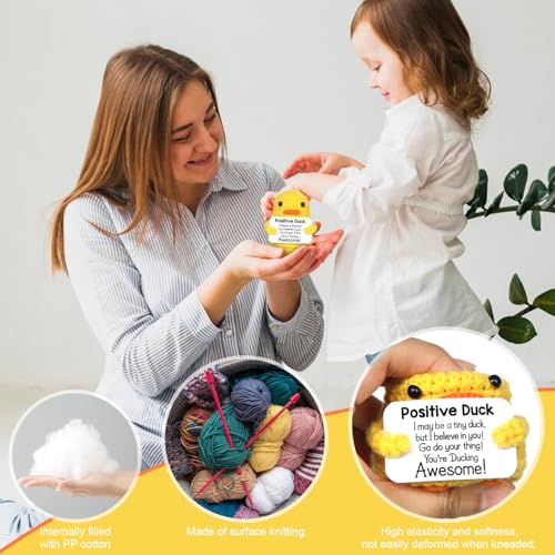 Positive Duck Puppe, Pocket Hug Mini Plush, Duck Spielzeug mit Aufmunterung Karte, Kreative Strickwolle Duck-Häkelpuppe, Geschenk für Freunde Geburtstags Weihnachten Abschieds Motivations