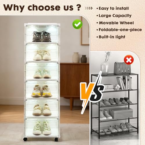 Image of Collapsible Shoe Rack Organizer with Doors & Lights, 6-Tier Foldable Shoe Cabinet with Wheels, Large Plastic Shoe Shelf with Transparent Windows, Easy Assembly Storage for Entryway Hallway