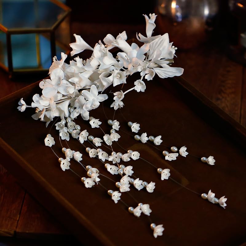 Flower Tassel Wedding Hair Clips Silver Pearl Hair Pieces Headpiece Hair Barrette Hair Pins Floral Bridal Hair Accessories for Women and Girls (White)