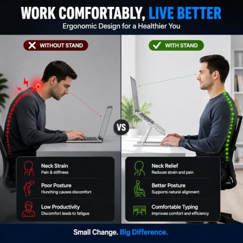 Image of Ergonomic Laptop Stand Aluminum, Foldable Height Adjustable Notebook Holder with Ventilation Design for MacBook, Dell, HP, Lenovo, ASUS & Acer