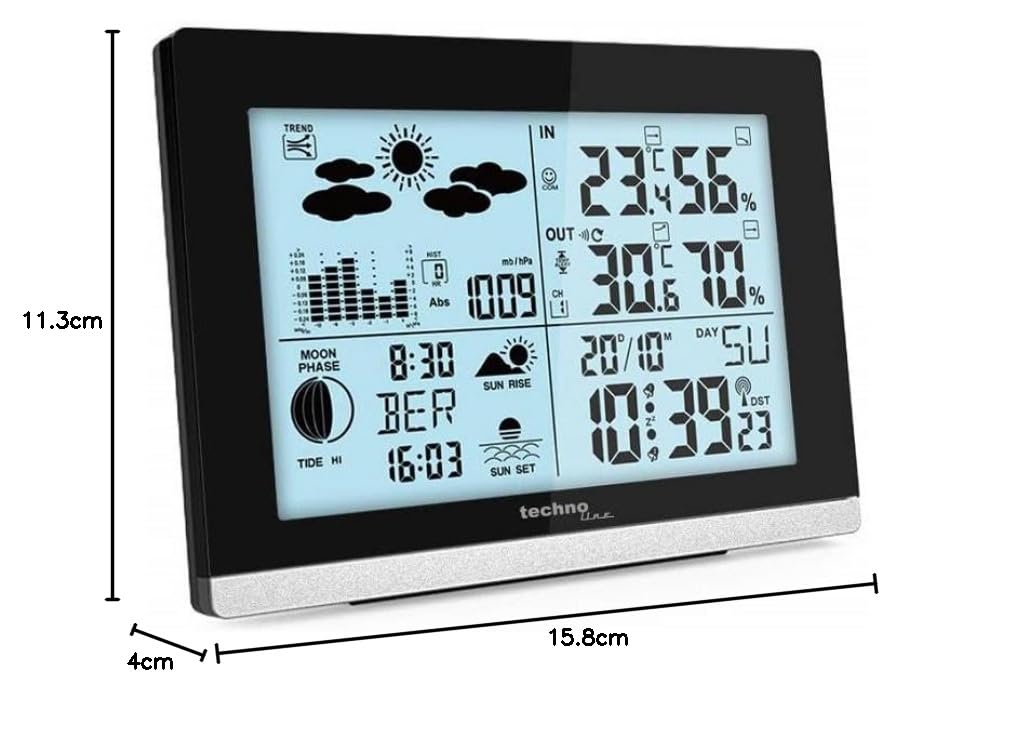 techno line WS 6762 Funk-Wetterstation mit Außensensor – DCF Funkuhr | Innen- & Außentemperatur | Luftfeuchtigkeit | Wettertrend | Mondphase | großes LCD Display | Wecker mit Datum & Uhrzeit