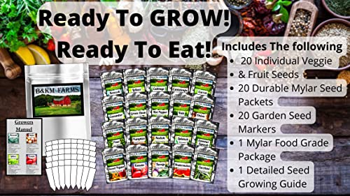 20 Vegetable & Fruit Seeds For Planting Your Outdoor & Indoor Home Survival Garden. 11,600 Seeds, 20 Seed Markers, Growing Guide, & Survival Package. Gardening Heirloom Non-Gmo Veggie Seed B&Km Farms #TOP1