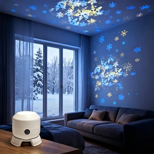Dynamic Rotating LED Projector Light USB Rechargeable LED Light Projector Snowflake/Christmas/Ocean/World Cup 4 Scene Options Adjustable Brightness 360 Rotating Unique Base Design (Snowflake)