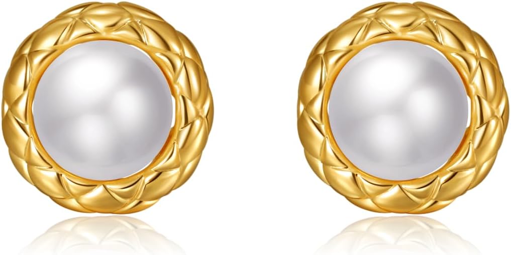 Real Pearl Earrings for Women, 18K Gold Plated Hypoallergenic Stud Earrings, Classic Statement Earrings Jewelry Gift for Mom Daughter Sister, Anniversary Birthday Gift