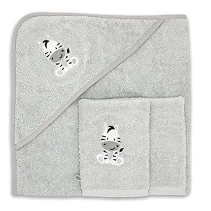 Baby Kapuzenhandtuch im Set mit 2 Waschlappen Oeko-Tex Standart 100 Zertifiziert. Baby Badetuch aus weichem Frottee. Erstausstattung Babyhandtuch mit Kapuze, Baumwolle, 80 x 80 cm, Zebra Grau