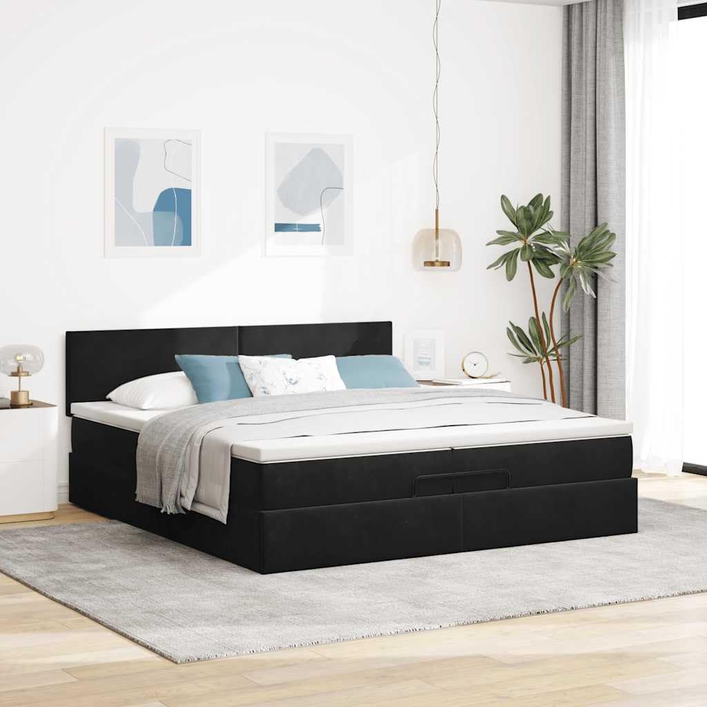 Cama otomana de 200 x 200 cm, terciopelo negro con colchones, almacenamiento hidráulico, cabecero regulable en altura