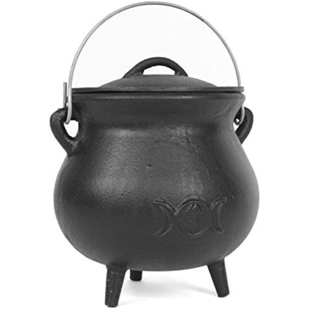 Mystical Black Cast Iron Triple Moon Cauldron - 19cm (1 Pc.) - Creepy Design & Durable Enchantment Pot - Perfect for Halloween
