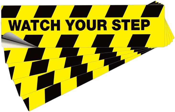 Calcomanías para suelo de Watch Your Step - Paquete de 10 calcomanías para letrero de advertencia, cinta adhesiva antideslizante y abrasiva para el
