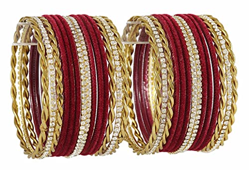 Image of NMII Gold Plated Metal Velvet Bangles Set For Women & Girls with Zircon Gemstone Studded | Traditional Women's Bangles | Designer Gold Bangles | Fashion Jewellery- Set of 28