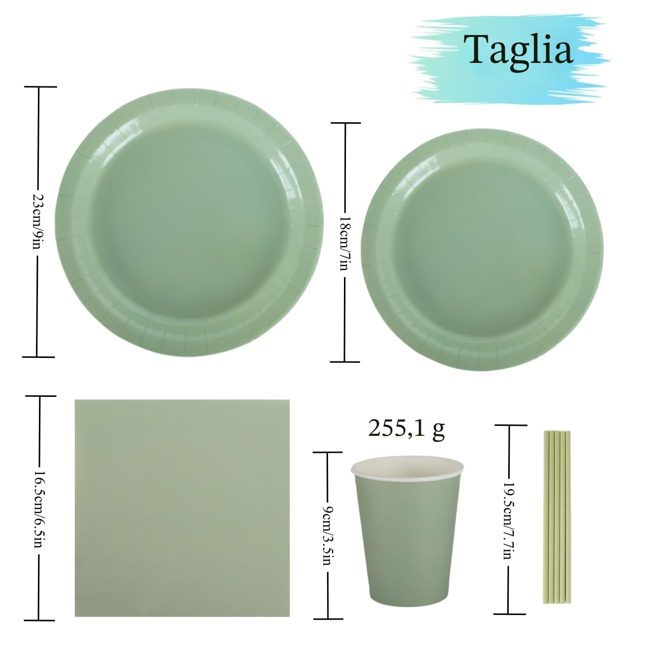 CEILIWEN - Set di stoviglie per feste, 250 pezzi, verde salvia, include piatto di carta da 22,8 cm, piatto da dessert da 17,8 cm, tovaglioli, tazze, cannucce, per 50 ospiti