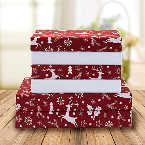 Elegant Comfort Holiday Printed 6-Piece Sheet Set 1500 Thread Count Breathable and Super Soft Material Wrinkle Resistant Fitted Sheets with Smart Pockets 6PC Queen Burgundy Reindeer