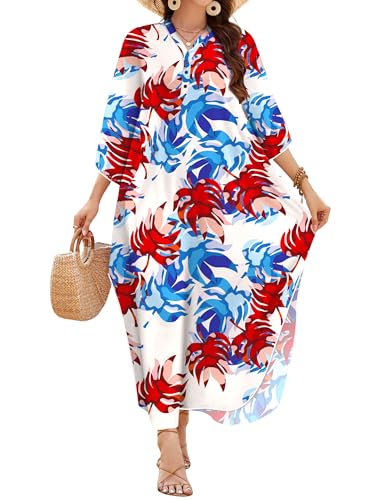 MAKABO Plus Size Moo Moos for Women Lounge Maxi Kaftan Dress Beach Summer Long Swimsuit Cover up, Leaf Print