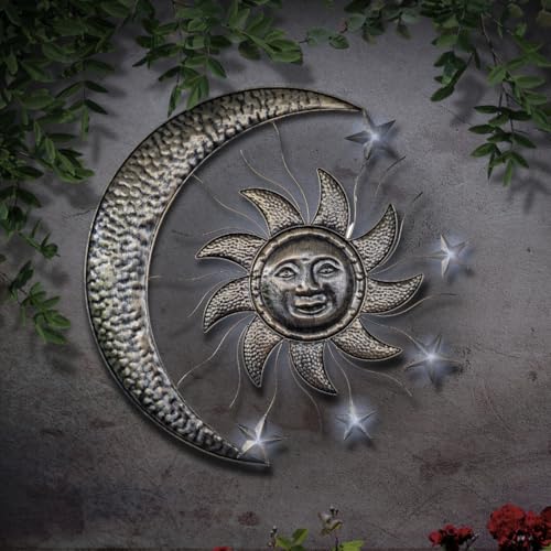 abc HOME | Solar Wanddeko Sonne & Mond – XL 70 cm Breit – 14 LEDs mit Lichtsensor – Wetterfestes Metall Wandbild für Außen & Garten – Sonne Mond Sterne Dekoration