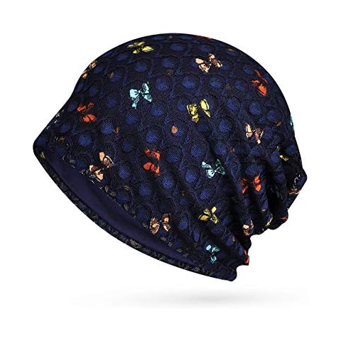 Aesy Chemo Headwear for Women, Womens Beanie Hat with Floral Lace, Chemo Caps Chemo Headwear Headwrap, Chemotherapy Gift Slouchy Hat, Soft, Breathable Chemo Turban for Cancer (Navy Blue #E) Cover