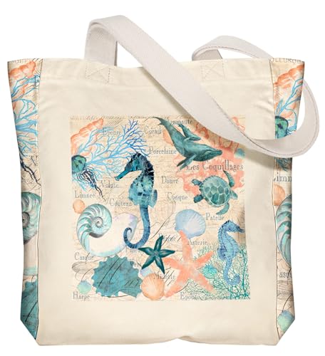 Miss Adola Aesthetic Heavy Canvas Tote Bag - with Pocket for Women Large Cloth Cotton Tote Bag for Shopping, Gym, Work, Travel, Beach, Vacation, Marine Life